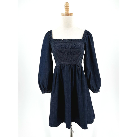 J Crew WOmens Smocked Puff Sleeve Denim Dress Small Preppy Coastal Peasant - Picture 1 of 10